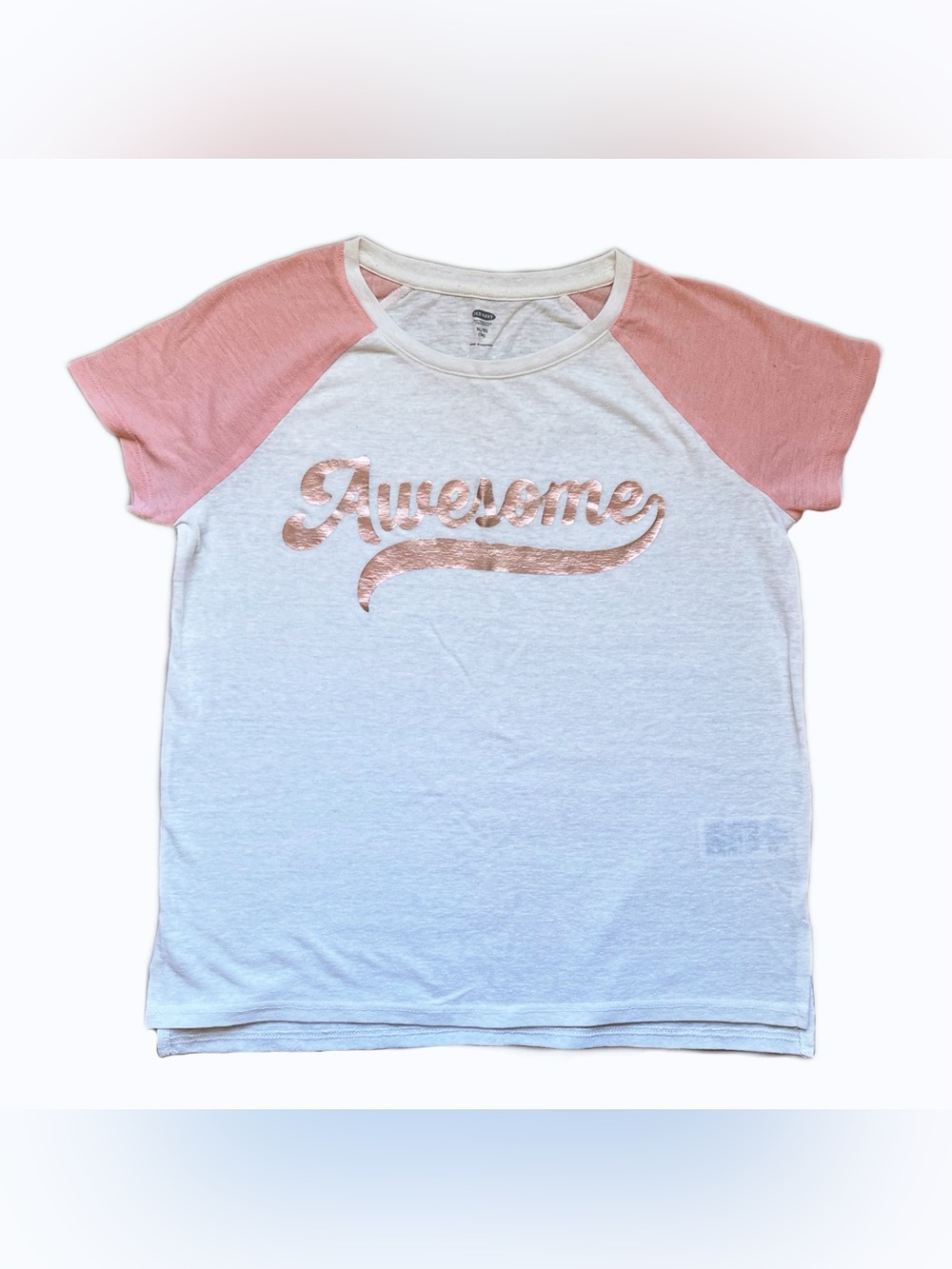 Old Navy Girls XL 14 Linen Blend White Pink Raglan Short Sleeve T-Shirt Tee NWOT